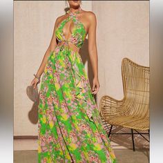 Shein X Mienne Floral Print Crisscross Tie Backless Split Thigh Halter Dress. Size Medium. Lined. Spring V-neck Cross-tied Dresses, Maxi Dress With Crisscross Straps For Night Out, Summer Party Maxi Dress With Cross Back, Spring Maxi Dress With Crisscross Straps, Green Halter Neck Maxi Dress For Date Night, Spring Maxi Dress With Crisscross Straps And V-neck, Spring Maxi Dress With Crisscross Straps For Date Night, Summer Cross-tied Dress With Cross Back, Spring Backless Cutout Maxi Dress