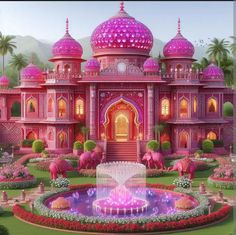 a pink palace with a fountain in front of it and lots of flowers around the perimeter