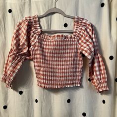 Pink Gingham Top Size Xs. New With Tags Never Worn. It Is ¾ Length In The Sleeves And Can Be Worn On Or Off The Shoulder Cute Gingham Long Sleeve Tops, Casual Tops With Grid Pattern For Fall, Casual Cotton Tops With Grid Pattern, Spring Plaid Cotton Tops, Trendy Plaid Tops For Picnic, Gingham Long Sleeve Tops For Picnic, Trendy Fitted Gingham Top, Long Sleeve Gingham Top For Summer, Fitted Gingham Top Trendy Style