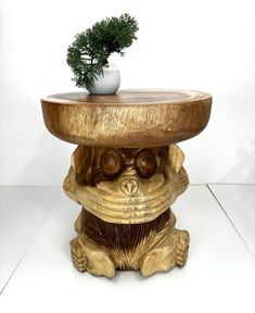 a wooden table with a potted plant sitting on it's head and legs