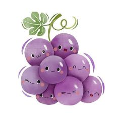 a bunch of purple grapes with faces drawn on them, sitting next to each other