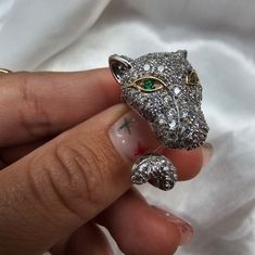 Thick Three Dimensional Sterling Silver Panther Ring Encrusted In Cz Stones. Green Synthetic Stone Eyes Major Statement Ring 14k Eye Outline Good Preowned Condition Sz 7.25 Ear To His Nose Is About 1 Inch Y Eye Outline, Panther Ring, Cz Stone, Womens Jewelry Rings, Statement Ring, Panther, Three Dimensional, Sterling Silver Jewelry, Statement Rings