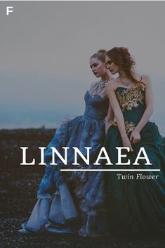 two women in dresses standing next to each other with the words linnaea on it