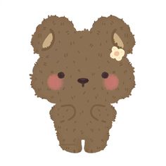 a brown teddy bear with pink cheeks and nose flowers on it's ears is standing in front of a white background