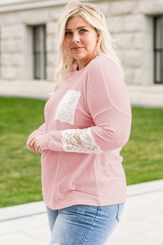 Pink Lace Patchwork Waffle Knit Plus Size Blouse Pink Long Sleeve Tops With Lace Patchwork, Pink Long Sleeve Top With Lace Patchwork, Pink Textured Knit Tops For Layering, Feminine Pointelle Knit Tops For Winter, Spring Waffle Knit Top For Layering, Feminine Long Sleeve Open Knit Top, Crew Neck Waffle Knit Top For Spring, Feminine Open Knit Tops, Spring Waffle Knit Crew Neck Top