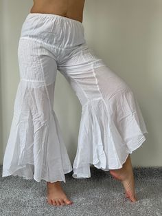 "Gauze Bells Lady Cotton Gauze, Yoga Dance Play Pants They are light, but not transparent, having a shorts lining of cotton. Wide smocking in the back provides a comfortable fit for all the moves. Measurements: Waist: 22\"-44\" inches around, expandable Hip (booty): up to 44\" inches around Inseam 26\" Total length: 37\" #gauze cotton, olive green, shorts lining, smocking, elastic ❤️ Special offer Coupon code❤️ BUYFOR2 : Get discount 10% for the order 2 items. BUYFOR3 : Get discount 15% for the Stretch Harem Pants For Summer, Solid Color Long Yoga Pants For Summer, Solid Color Summer Yoga Pants, Non-stretch Cotton Harem Pants For Summer, Stretch Harem Pants For Beach, Solid Color Cotton Yoga Pants For Summer, Casual Summer Stretch Yoga Pants, Casual Stretch Yoga Pants For Summer, White Bottoms With Elastic Waistband For Festivals