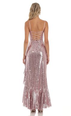 Sequin Ruffle Dress in Rose Gold | LUCY IN THE SKY Rose Gold Homecoming Dress, Rose Gold Sparkly Dress, Rose Gold Prom Dresses, Homecoming Dresses Sparkly, Cute Cheap Outfits, Gold Prom Dresses, Purple Maxi Dress, Fashion Fails, Lucy In The Sky