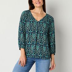 When you want to give your everyday t-shirts a rest, choose this printed women's blouse from St. John's Bay to elevate your go-to looks. It's made from lightweight crepe wth a v-neckline, three-quarter sleeves, and elastic cuffs.Fit: Regular FitNeckline: V NeckSleeve Length: 3/4 SleeveApparel Length: 26.5 InchesFiber Content: 100% RayonFabric Description: CrepeCare: Line Dry, Machine WashMaterial: RayonBody Type: AthleticCountry of Origin: Imported Fall Printed Tops With 3/4 Sleeves, Printed Half Sleeve Top With Relaxed Fit, Casual Printed Top With 3/4 Sleeves, Casual Printed Tops With 3/4 Sleeve, Patterned 3/4 Sleeve Tops For Fall, Casual Printed Blouse With 3/4 Sleeves, Printed Relaxed Fit Half Sleeve Blouse, Printed 3/4 Sleeve Tops, Relaxed Fit Printed Tops With 3/4 Sleeves