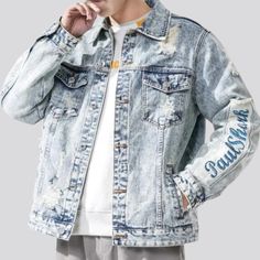 Welcome to the 2023 Spring-Summer Collection and experience true fashion elegance with the large pieced-together jean jacket! Perfectly blending vintage styles and vogue flair. this denim jacket is patterned to add a bold and unique statement to your wardrobe. Offering a distinctive buttoned closure. ripped look. and creative printed design. you'll be sure to look and feel your best in this one-of-a-kind piece.Distinctive Features: Oversized Fit: Perfect for those looking for a bold and stylish Summer Streetwear Washed Denim Jacket, Summer Washed Denim Jacket For Streetwear, Spring Denim Blue Jacket For Streetwear, Trendy Patchwork Denim Jacket, Trendy Distressed Cotton Denim Jacket, Oversized Distressed Cotton Denim Jacket, Trendy Denim Blue Cotton Jacket, Oversized Denim Blue Summer Outerwear, Summer Distressed Long Sleeve Denim Jacket