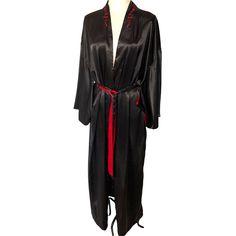 Rose Passion Kimono Robe Womens One Size OSFM Vintage Belt Tie Pockets Black Red Amazing women's vintage rose embroidered Rose Passion silky polyester robe in very good preowned condition. Features: * Kimono sleeves * Wrap style robe * Separate belt * Hidden pockets * Inside tie * Vintage kimono robe * All season * Satin * Made in Korea * Machine washable * Amazing floral embroidery Size: Womens One Size Please see measurements to confirm fit: Length = 55 in / 140 cm Sleeve length = 15 in / 38 c Black Long Bohemian Robe, Silk Black Robe, Luxury Black Robe With Kimono Sleeves, Robe Womens, Black Silk Robe, Luxury Vintage Black Kimono, Embroidered Rose, Black Kimono, Belt Tie