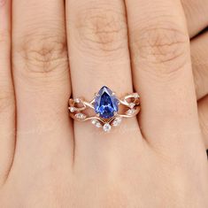 Pear Sapphire Engagement Ring Set Rose Gold Wedding Ring - Etsy Sapphire Engagement Ring Set, Rose Gold Wedding Ring, Wedding Ring Diamond, Rings Ceremony, Future Engagement Rings, Diamond Promise Rings, Wedding Rings Rose Gold, Gold Wedding Ring, Curved Wedding Band