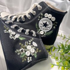 "Price includes: Shoes + Embroidery as shown Converse Custom shoes are meticulously hand-embroidered with non-fading thread, sturdy and durable. Embroidered Converse shoes can be used for daily use, school shoes, wedding shoes for brides,... Will definitely be a unique gift for girlfriends, niece gifts, daughter gifts, men's gifts,... or any of your relatives. Let me help you pack and send them as gift boxes, you just need: Select \"Gift wrapping available\" when ordering To customize gift boxes, gift wrapping paper suitable for birthdays, Christmas gifts.... please leave a message In addition, I can also help you leave a handwritten message through a lovely card. 1. CUSTOM  In addition to the embroidery patterns I post, I am happy to receive embroidery patterns ordered by you, for example Boty Converse, Converse Embroidery, Cute Converse Shoes, Mode Converse, Bridal Converse, Embroidered Converse, Cute Converse, Converse Custom, Haine Diy