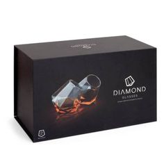 the diamond glass is packaged in a black box and has an orange glow on it