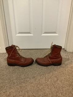 This vintage 1960s Tuffy 11 by RedWing Red Leather Hiking chore boots were originally worn by the Boy Scouts in 1965. The size inside the boot is a size 6 boys mens. The width was a E. Which would be like a normal width today. Pls only go by the measurements given to ensure a correct fit. I looked the boots up and was finally able to find the year on the boots . You can see the Red Wing logo on bottom of boots. Considering age good vintage cond. these will clean up quite nice. Vintage Work Boots With Goodyear Welt Construction For Fall, Vintage Combat Boots With Goodyear Welt Construction, Vintage Moc Toe Moto Boots For Fall, Vintage Work Boots With Goodyear Welt Construction, Vintage Lace-up Boots With Goodyear Welt For Fall, Vintage Fall Work Boots With Moc Toe, Vintage Moto Boots With Reinforced Moc Toe, Vintage Steel Toe Boots With Plain Toe, Vintage Moto Boots With Round Toe For Outdoor