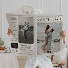 a man and woman are holding up a newspaper with photos on the front, while they both have their arms around each other