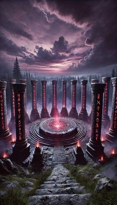 an artistic scene with many pillars in the foreground and red lights at the top