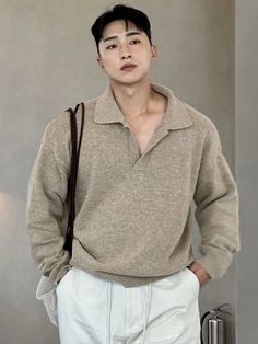 Men's Solid Color Pullover Casual Long Sleeve Collar Sweater For Autumn Khaki   Long Sleeve Polyester   Slight Stretch Fall Men Clothing, size features are:Bust: ,Length: ,Sleeve Length: Men Fall Attire, Fall Attire, Knitwear Men, Collar Sweater, Casual Pullover, Men Clothing, Length Sleeve, Men Sweater, Knitwear