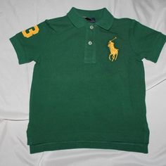 Ralph Lauren Green Boys Polo Cotton Mesh Polo Shirt Yellow Big Pony Logo Fitted Yellow Top With Polo Collar, Green Cotton School Top, Green Cotton Top For School, Green Short Sleeve School Shirt, Green Short Sleeve Shirt For School, Green Fitted Tops For School, Fitted Green Tops For School, Yellow Cotton Polo Collar Top, Yellow Fitted School Top