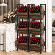 there is a wine rack with many bottles in it