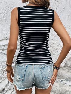 Chic Striped Crew Neck Knit Top, Black Ribbed Elastane Tops, Chic Stretch Knit Top With Ribbed Neckline, Stretch Knit Top With Ribbed Neckline, Chic Knit Tank Top With Crew Neck, Striped Ribbed Knit Tops, Chic Knit Crew Neck Tank Top, Chic Stretch Crew Neck Knit Top, Chic Stretch Knit Top With Crew Neck