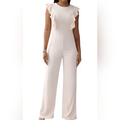 Fabric Type Polyester Care Instructions Machine Wash White Ruffled Jumpsuits And Rompers For Night Out, White Ruffled Jumpsuit For Night Out, Summer Workwear Jumpsuits And Rompers With Ruffles, Casual Ruffled Jumpsuits And Rompers For Work, Elegant Spring Jumpsuits And Rompers For Work, Elegant Spring Jumpsuits And Rompers With Ruffles, Elegant Beige Jumpsuits And Rompers For Summer, Elegant Spring Workwear Jumpsuits And Rompers, Sleeveless Ruffled Jumpsuits And Rompers For Day Out