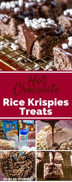 chocolate rice krispies and treats on a cooling rack with text overlay that reads hot chocolate rice krispies & treats