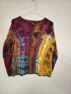 Blue, purple and orange tie dye womens long sleeve shirt. Stripped pattern ice dyed with dharma dyes. Shirt originally made by St Johns Bay. Tie Dye Long Sleeve Shirt, Stripped Pattern, Orange Tie Dye, Strip Pattern, Orange Tie, Tie Dye Long Sleeve