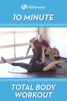 a man and woman doing yoga on mats with the words 10 minute total body workout