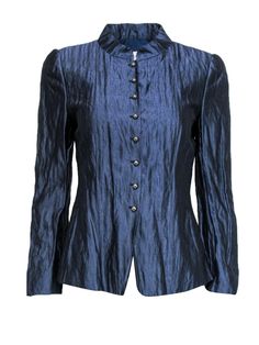 Current Boutique-Armani Collezioni - Metallic Blue Silk Jacket Sz 6 Tailored Long Sleeve Top For Party, Elegant Long Sleeve Blazer With Covered Buttons, Party Fitted Blazer With Covered Buttons, Tailored Elegant Tops For Party, Elegant Party Blazer With Buttons, Classic Tailored Top For Party, Fitted Party Outerwear With Buttons, Classic Blue Outerwear For Party, Tailored Long Sleeve Evening Tops