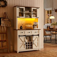 a kitchen area with an open cabinet and dining table