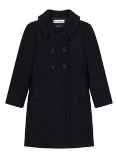 black wool spread collar double-breasted button fastening logo-engraved buttons two side welt pockets long sleeves buttoned cuffs full lining Wool Overcoat, Dolce And Gabbana Kids, Short Coat Jackets, Stella Mccartney Kids, Suits Coats, Metal Buttons, Shirt Collar, Puffer Coat, Coats Jackets Women