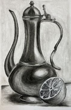 a black and white drawing of a tea pot with a slice of orange next to it