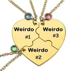 PRICES MAY VARY. "Unique Trio Necklace Set: Embrace the quirkiness with our Weirdo 1, Weirdo 2, Weirdo 3 Necklace Heart BFF Set! Crafted from high-quality stainless steel, these three necklaces come together to form a heart, symbolizing the unbreakable bond of friendship. Perfect for best friends, sisters, or any trio of kindred spirits." "Heartfelt Friendship Jewelry: Express your unique connection with this special BFF necklace set. Each necklace is engraved with ""Weirdo 1,"" ""Weirdo 2,"" or Bestie Necklaces For 2, Trio Outfit Ideas, Bestie Necklaces, Cute Glasses Frames, Bff Stuff, Friendship Forever, Trio Necklace, Bff Necklace, 3 Best Friends