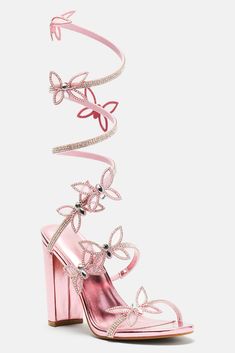 Pink Wrap Up Heels, Butterfly Heels Pink, Butterfly Strap Heels, Pink Wrap Around Heels, Rose Pink Heels, Floral Platform Heels, Quinceanera Pink Shoes, Pink Quinceanera Heels, Butterfly Heels Aesthetic