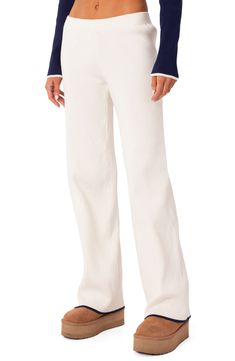 A low rise adds to the retro flair of these chic and comfortable ribbed pants. 50% polyester, 50% rayon Machine wash, dry flat Imported White Winter Pants, Christmas Wishlist Clothes, Christmas Wishlist 2023, Wishlist Ideas I Want, Knit Pants Outfit, Ribbed Pants, Mid Rise Pants, Xmas Wishlist, Trendy Pants