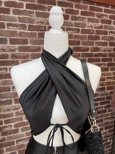 Adorable satin halter top with tie detail 92% Polyester, 8% Spandex Contrast Halter Top Shirts, Tie Halter Top, Halter Top Dress, Scarf Dress, Medium Brown, Top Dress, Large White, Large Black, Halter Top