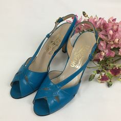 SALVATORE FERRAGAMO Teal Slingback Sandals. Size 5B. Pre-owned. Has normal signs of use with minor leather wear, overall in great condition. Pls see photos. Heel height: 3” approx Feel free to ask questions. All sales are final! NO returns. Thanks for looking! Retro Slingback Sandals For Spring, Retro Summer Slingback Pumps, Retro Open Toe Slingback Pumps, Retro Slingback Heels With Heel Strap, Vintage Slingback Heels For Spring, Vintage Formal Sandals With 4-inch Heel, Vintage Heels With Heel Strap For Spring, Vintage Pointed Toe Slingback Pumps For Summer, Vintage Slingback Pumps For Spring