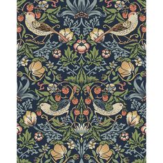 an ornate wallpaper with birds and flowers on blue, green, yellow and red colors