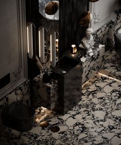 a black and white bathroom with marble flooring, gold fixtures and mirrors on the wall