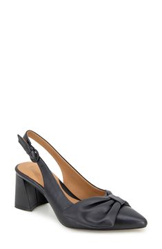 An asymmetric vamp bow adds contemporary intrigue to a slingback leather pump balanced by a pointy toe and wrapped block heel. 2 1/2" heel Adjustable slingback strap with buckle closure Removable, PORON®-cushioned insole with arch support Leather upper and lining/rubber sole Imported Chic Leather Slingback Pumps With 4-inch Heel, Office Slingback Pumps With Wrapped Block Heel, Slingback Pumps With Stacked Heel For Party, Party Slingback Pumps With Stacked Heel, Sleek Slingback Pumps With Wrapped Block Heel, Chic Closed Toe Slingback Pumps With Bow, Leather Slingback Pumps With Wrapped Heel For Spring, Leather Slingback Pumps With Wrapped Block Heel, Spring Leather Slingback Pumps With Wrapped Heel