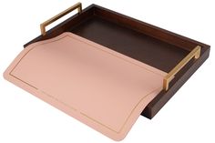 a tray with a wooden handle and pink paper on the bottom that has gold trim