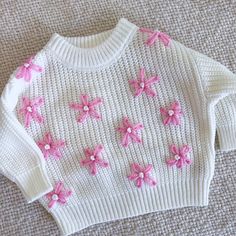 Simple Flower Hand Embroidered Baby Sweater Embroidered By Me. Size 3-6 Mo. Check Out My Instagram @Syds.Salty.Stitches! White Long Sleeve Sweater With Floral Applique, Cute White Sweater For Playtime, Cute White Embroidered Sweater, White Spring Sweater For Playtime, White Casual Spring Sweater For Playtime, Embroidered Baby Sweater, Coral Cardigan, Simple Flower, Star Sweater