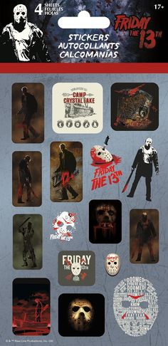 friday the 13th movie stickers are on display in front of an advertisement for friday the 13th