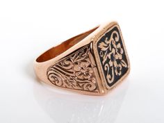 Vintage Unisex Enamel Ring with a beautiful pattern set in 14K Rose Gold, perfect for him or her Details and Measurements: ► 14 Karat Rose Gold ► 63 Sapphire 2 mm 1.26 ct ► Size 7.75 (Select your size) ► Total Weight 9.6 gr All items are Handmade, I pay a lot of attention to every piece. All of my items are hand crafted in Kisufim's Designer jewelry Store in Tel Aviv, and shipped direct to customers all over the world. I am proud to say that many celebrities, models and stars across the world we Wedding Ring Square, Ring Square, Engraved Ring, Meme Design, Men Ring, Enamel Ring, Gold Enamel, Personalised Gifts, Engraved Rings