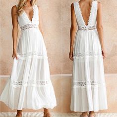 White Boho Dress, With A Deep V At The Back, A Lace Bodice, And A Flared Skirt Wear This Lacy V-Neck Long Dress As A Beach Wedding Dress Or To A Casual Event This Summer. Chiffon And Lace Material Vintage Style Back Zipper Ankle-Length Boho Maxi Deep V-Neck At The Front And Back Boho Beach Maxi Dress White Lace Dress Boho, White Maxi Dress Boho, White Lace Maxi Dress, Long Summer Dresses Maxi, White Lace Maxi, Chiffon Fashion, Boho Style Dresses, Moda Boho, Backless Maxi Dresses