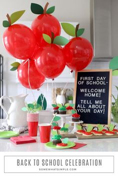 back to school treats set up on a counter with rd balloons that look like apples Back To School Celebration, Back To School Breakfast, School Breakfast, Back To School Party, School Celebration, 1st Day Of School, School Party, School Themes, School Pictures