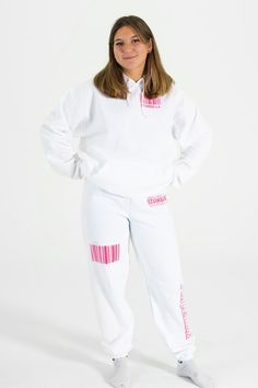 "White Sweatpants with Pink \"Priceless\" text on the leg with a Stoked LA logo and Barcode on other leg (priceless text may be smaller than appears) Pair it with the Oh Honey, I'm Priceless Hoodie or buy as a set Please message for any customizations such as colors or sizing" White Relaxed Fit Hip Hop Bottoms, Hip Hop Style White Cotton Bottoms, White Relaxed Fit Hip Hop Pants, Pink Cotton Hip Hop Bottoms, Hip Hop Style Pink Cotton Pants, Pink Hip Hop Cotton Pants, Pink Cotton Hip Hop Pants, Pink Cotton Sporty Sweatpants, White Relaxed Fit Hip Hop Sweatpants