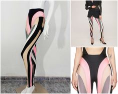 Thierry Mugler Multicolor Spiral Optical Illusion Black Pink Gold Leggings Tights Pants New With Tags! *  Elastic waistband *  Reflective logo detail *  Cut for a slim fit *  Composition: 80% Polyamide, 20% Elastane These leggings are meant to fit a XS (marked 34). Measurements: Waist: 26 - 36 cm Hip: 42-53 cm Inseam: 73 cm Gold Leggings, Rosa Gold, Legging Outfits, Thierry Mugler, Womens Leggings, Optical Illusion, Optical Illusions, Tight Leggings, Outfits With Leggings