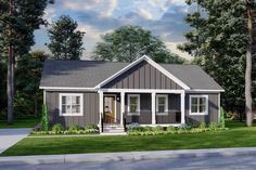 a small gray house with porches on the front and side walk out to the yard