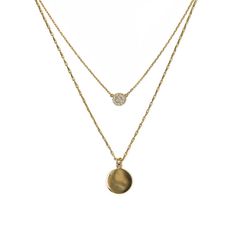 This layered duo consists of two necklaces from the O Collection linked into one set. Our patented connectors let you easily layer necklaces in any order you desire. Wear as a duo or unlink to wear each necklace separately. Pave Disc Pavé Disc Diameter 6.5mm Adjustable chain: 15-17in (38-43cm) Fancy Disc Pendant Diameter 0.5in (1.3cm) Italian Link chain, 1.5mm Adjustable chain: 19-21in (48-53cm) When layered, chain length is: 19-25in (48-63cm) Learn more Gold Vermeil Cubic Zirconia Hypoallergeni Elegant Gold Double Chain Coin Necklace, Delicate Multi-strand Layered Necklaces, Elegant Gold Coin Necklace With Double Chain, Double Chain Pendant Necklace For Layering, Elegant Layered Necklace With Round Pendant, Dainty Necklace With Detachable Pendant, Elegant Layered Necklace With Delicate Chain And Round Pendant, Elegant Layered Necklace With Double Chain And Round Pendant, Minimalist Double Strand Chain Jewelry